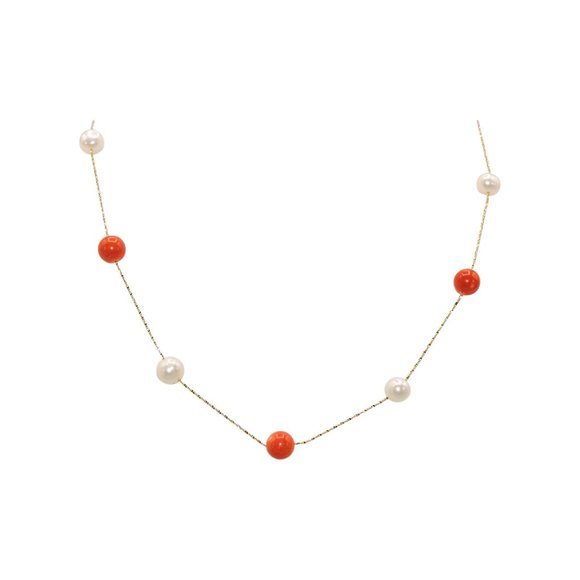 Coral Tin Cup - Red-Orange Coral with White Pearl on Gold Chain - Picture 1 of 4